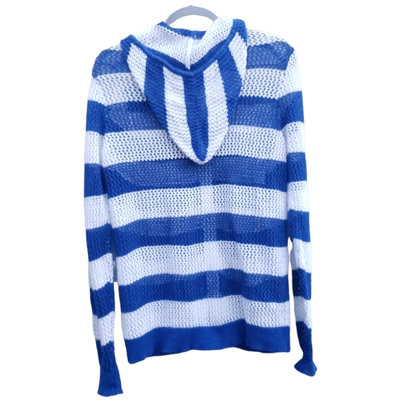 Quacker Factory Striped Crochet Zippered Cotton Blend Hooded Jacket Size Large - Picture 2 of 16